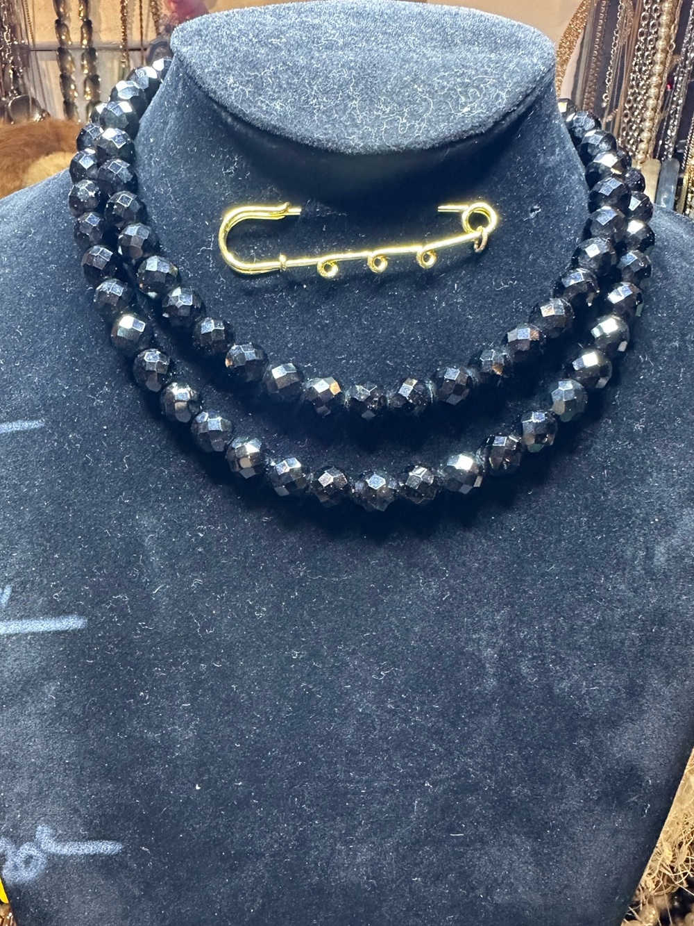 Vintage Lisner Double Strand Black Faceted Glass Necklace